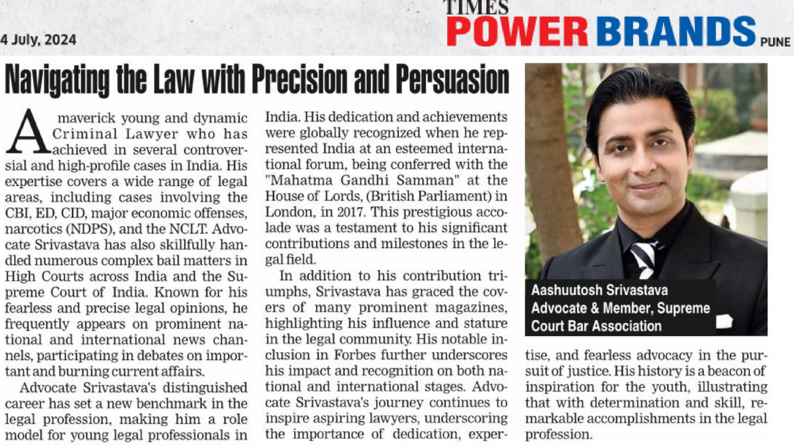 Advocate Aashutosh Srivastava conferred upon “Times Power Brand” Award by The Times of India.